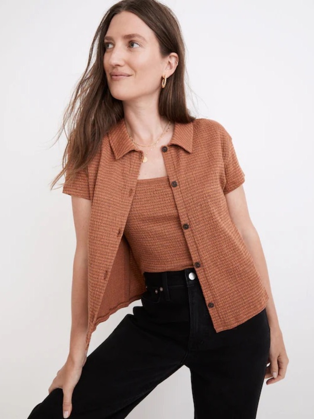 Madewell Knit Textured Short Sleeve Button Dowm Shirt in Earthen Red size Large